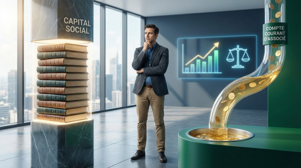 Homme d'affaires pensif entre un pilier de registres 'Capital Social' et un tube d'argent fluide 'Compte Courant d'Associé'.