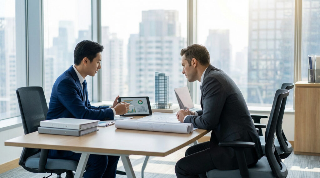 Broker shows property dealer financial data on a tablet during a strategic meeting in a bright office with city skyline.