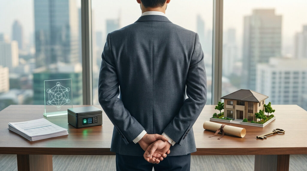 Anonymous figure in suit contemplates options: "nantissement" (documents, digital asset, lockbox) and "hypothèque" (house model, deed, key).