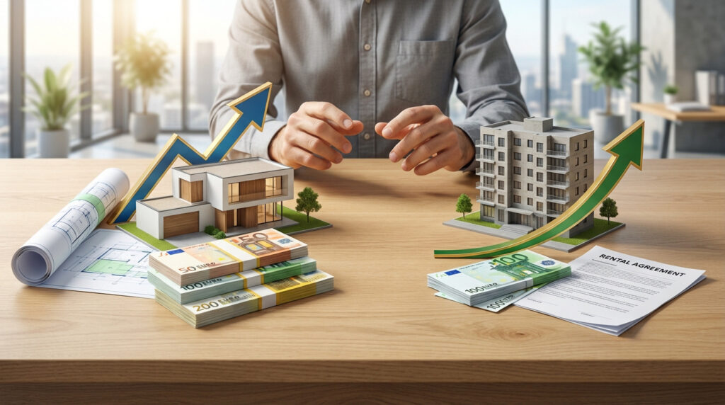 Homme évaluant options immobilières : maison (plans, argent) vs immeuble (contrat, argent). Flèches de croissance sur le bureau.