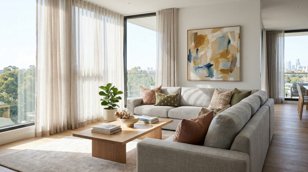 Salon lumineux avec canapé beige, table basse en bois et grandes baies vitrées offrant une vue dégagée.
